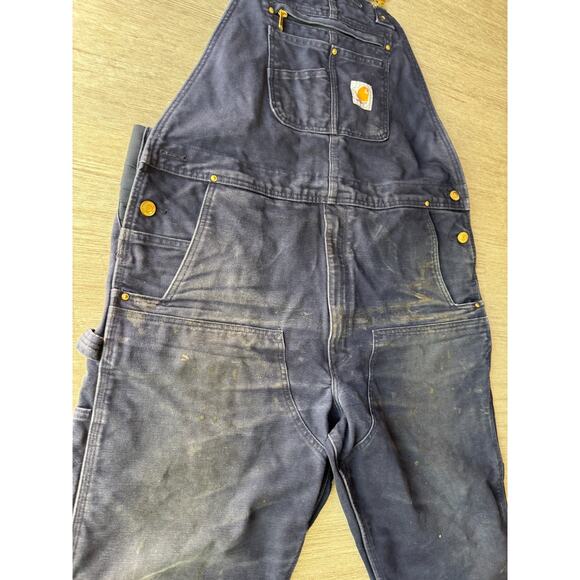 Carhartt Men's Duck Bib Overall R01 Navy Blue 102776-412 40x30 Double Knees Worn - Picture 4 of 9